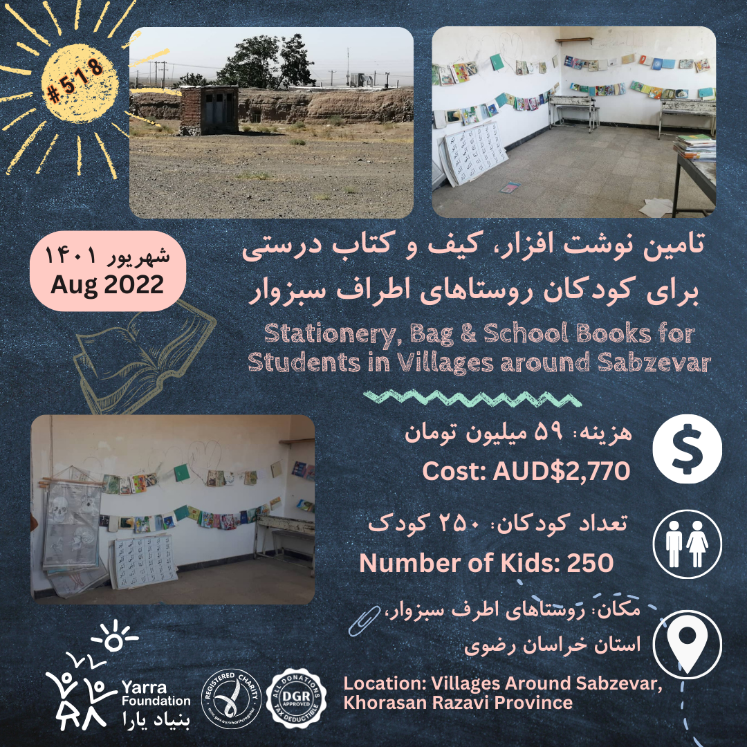 PROJECT #518 : Stationery, Bags & School Books for Students in Villages Around Sabzevar -Khorasan 2020